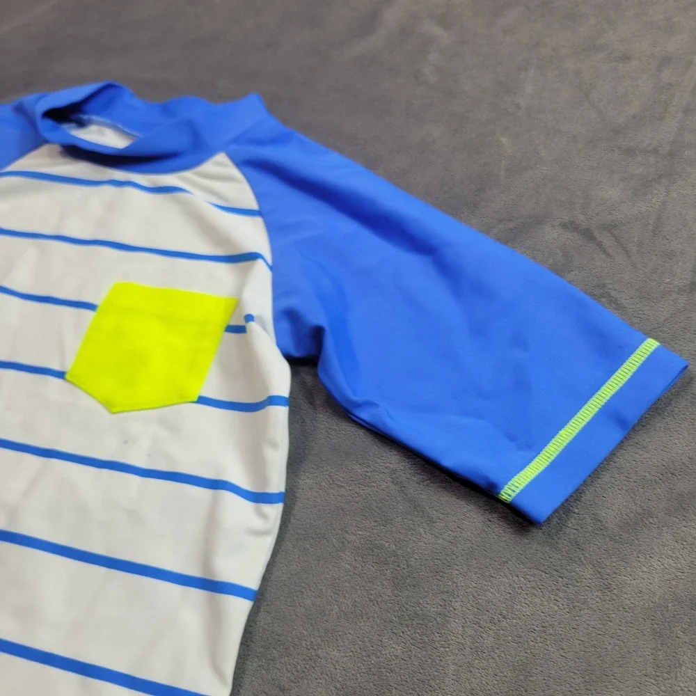 Koala Kids Boys 5T Rash Guard‎ Swim Shirt Blue White Striped Neon Yellow Pocket